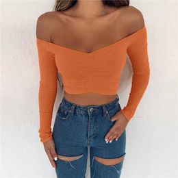 women T-shirts sexy and club fashion female T-shirt long sleeve off shoulder solid Colour lady Tshirt autumn basic tees X0628