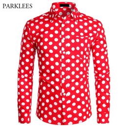 Red Mens Polka Dot Shirt Casual Button Up Dress Shirts Men Chemise Homme Party Club Male Garden Point Camisas Masculina 210809