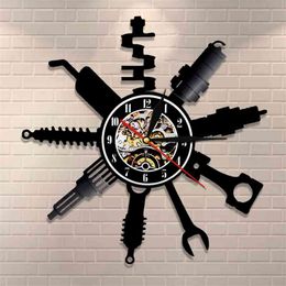 Auto Repair Shop Wall Sign Decorative Modern Wall Clock Car Mechanic Service Workshop Vinyl Record Clock Garage Repairman Gift 210401