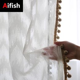 Curtain & Drapes American Pastoral White Fine Woven Wave Window Embroidery Lace Beads For Bedroom Living Room Decoration Tulle Rideau 5