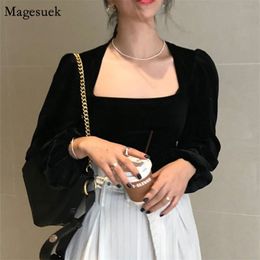 Spring Solid Shirts Blouses Female Vintage Puff Sleeve Top Women Casual Square Collar Short Sexy Blouse 12690 210512