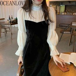 Autumn Winter Dress Women Velvet Patchwork Evening Party Dresses Korean Polks Dot Vestidos Flare Sleeve Elegant 19157 210415