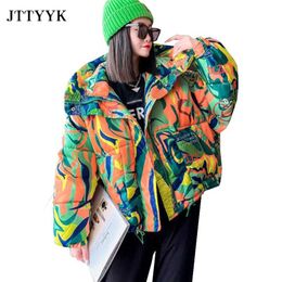 Warm Winter Down Jacket Women Graffiti Print Fashion Hooded Short Parka Girls Thick Streetwear Hip Hop Padded Coat Female 211008