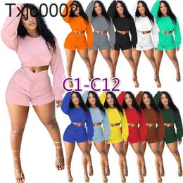 Women Tracksuits 2 Pieces Pants Designer Solid Color Long Sleeve Crop Tops Pleated Shorts Jogger Suits Pullover Sportswear 27 Styles