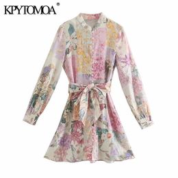 KPYTOMOA Women Chic Fashion With Belt Floral Print Linen Mini Dress Vintage O Neck Long Sleeve Female Dresses Vestidos 210706