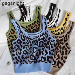 Korean Spring Summer Y2k Short Crop Tops Sexy Leopard Knitted Tanks Sleeveless Basic Camis Casual Office Ladies 210601