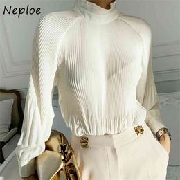 Korean Style Chic Elegant Design Women Blouse Stand Collar Loose Pleated Femme Blusas All-match Lantern Sleeve Shirts 210422
