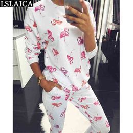 2 piece set women long sleeve tops&long pants flamingo print two outfits sport simple casual 210515