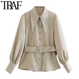 TRAF Women Fashion With Belt Back Pleated Blouses Vintage Lantern Sleeve Button-up Female Shirts Blusas Chic Tops 210415