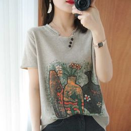 Oversized O-neck chic cashmere Sweater Pullover Women Summer Female Knitted sweater vintage print short sleeve casual sweater 210604