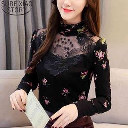 Winter Fashion Women Blouses Long Sleeve Turtleneck Casual Clothing Hollow Floral Tops Plus Size 5534 50 210506