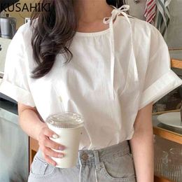 Sweet Bow Tie O-neck Women Blouses Causal Short Sleeve Korean Shirts Summer Fashion Blusas De Mujer 6J028 210603