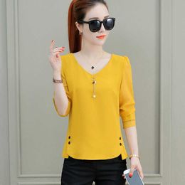 Women Spring Summer Style Chiffon Blouses Shirts Lady Casual Three Quarter Sleeve V-Neck Blusas Tops DF1963 210609