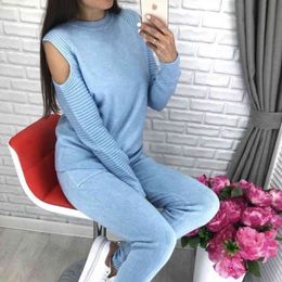 Winter autumn Ladies' Sweater Pants Set Knitted O Neck Off Shoulder Sexy Wool Set 12 Colors 2 piece outfits for women sweatsuit 210514