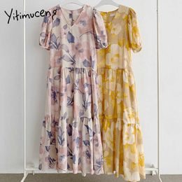 Yitimuceng Floral Print Dresses for Women Ruched Oversize Puff Sleeve Loose Waist Clothes Summer Korean Fashion Maxi Dress 210601
