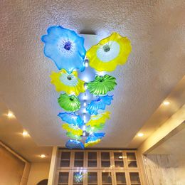 Nordic Pendant Lamp Murano Glass Flower Chandelier Blues Yellow Green Colour Home Hotel Art Decoration Plate Ceiling Light 32 by 80 Inches