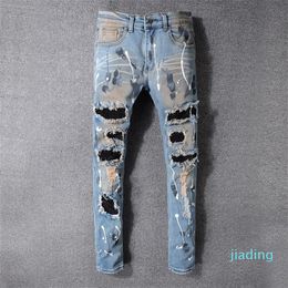 Mens Jeans Distressed Ripped luxury Slim Fit Embroidery Motorcycle Biker Pants