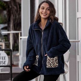 Autumn V-Neck High Street Jacket coats Fashion Winter Furry Warm Women's Casual Jacket Women Top Full Pockets leopard 210514