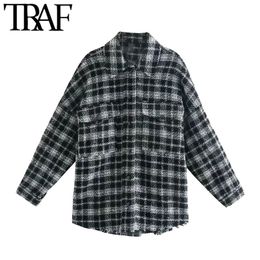 TRAF Women Fashion With Pockets Oversized Tweed Jacket Coat Vintage Long Sleeve Frayed Hem Female Outerwear Chic Overshirt 210415