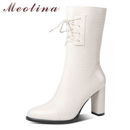 Meotina Winter Mid Calf Boots Women Natural Genuine Leather Chunky Heels Boots Zipper Extreme High Heel Shoes Ladies Fall 34-39 210520