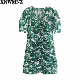 Dress Women Summer Fashion Floral Print Folds Mini Vintage Puff Short Sleeve Female es Vestidos Mujer 210520