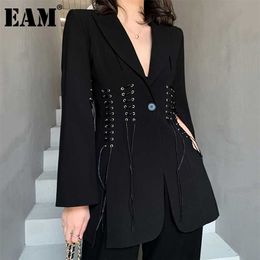 [EAM] Women Black Bandage Vent Stitch Blazer Lapel Long Sleeve Loose Fit Jacket Fashion Spring Autumn 1DB308 211019