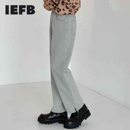 IEFB Grey Jeans Men's Loose Straight Ins Fashion Denim Pants Men's Korean Streetwear Casual Trousers Male Split Bottom 9Y6973 210524