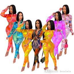 Women Casual Tracksuits Desingner Spring Clothes 2021 New Pattern Letters Printed Tie Dye Shirt Suit Two Piece Set Ladies Fashion Outfits