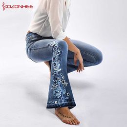 Embroidery Stretching Flare Jeans Women Elasticity Bell-Bottoms Jeans For Girls Light Blue Trousers women Jeans Large Size #72 H0908