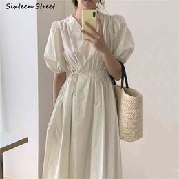 Vintage Summer Dress Cross V-neck Puff-sleeve White Maxi es Party Korean Chic Lace-up Harajuku Woman 210603