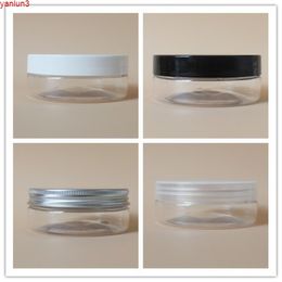 50pcs/lot 100ml Plastic Cosmetic Jar PET Serum Bottle White Clear Black Lid Alauminum Cap 100g 92cm Diameter Flat Shapegood qty