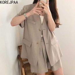 Korejpaa Women Set Summer Korean Temperament V-neck Loose Two Button Short Sleeve Blazer High Waist Casual Wide Leg Pants 210526