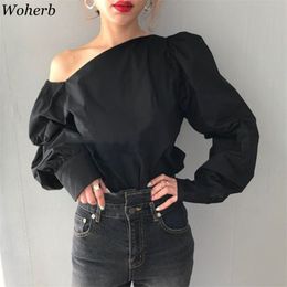 Blouse Women Black Sexy Off Shoulder Puff Sleeve Korean Fashion Shirts Tops One Female Office Chic Lady Blusas 210519