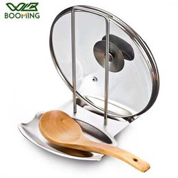 stainless steel dish pans UK - WBBOOMING Kitchen Accessories Stainless Steel Pot Lid Shelf Organizer Pan Cover Rack Stand Sponge Spoon Dish Holder 210902