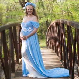 Sky Blue Women's Prom Dresses Flowers Appliqued Off the Shoulder Party Gowns 2022 Customise Maternity Photography Dress