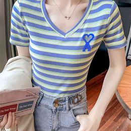 Summer rainbow stripe Women V-neck T-shirts Tops Korean Fashion Slim T shirt short y2k top 210507