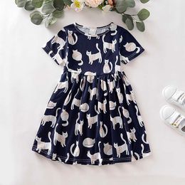 New Girl Kids Children Clothing Casual Cotton Cute Cat Printed O-Neck Princess Short Sleeve Summer Dress Girls Dresses Clothes Q0716