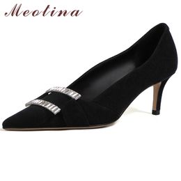 Meotina Pointed Toe Women Shoes Kid Suede High Heel Pumps Crystal Stiletto Heels Shoes Shallow Slip On Footwear Black Spring 40 210520