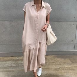 [EWQ ] Spring Summer Casual Turn Down Collar Solid Colour Single Breasted Short Sleeve Loose Ruffles Long Shirt Dress 2F0476 210510