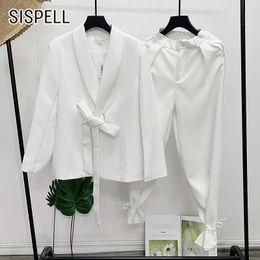 SISPELL Female Two piece Suit Lapel Collar Long Sleeve Loose Lace Up Blazer Coat High Waist Women's Casual Set 210930