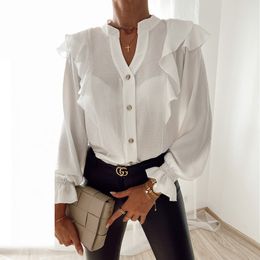 Autumn Winter New V Neck Ruffle White Blouse Elegant Long Sleeve Buttons Female Shirts Casual Loose Blouse Blusas Plus Size 210412