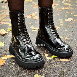 Boots Vinapobo Women Winter Motorcycle For Genuine Leather Lace Up Ankle Shoes Woman Platform Zipper Sport Footwear