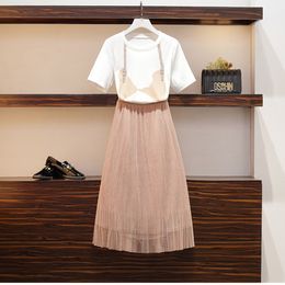 Summer Women's O Neck Short Sleeves Cotton T-shirt + Beautiful Mesh Skirts 2 pcs sets Female Fashion Suits Outfit 210428