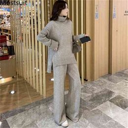Winter Thicken Knitted 2 Piece Sets Outfits Women Turtleneck Sweater + Wide Leg Pants Suits Korean Casual Fashion Warm 210513