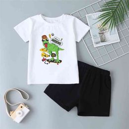Summer Children Sets Casual Boys Cotton Short Sleeve O Neck Print Cartoon T-shirt Black Pants Clothes 2T-6T 210629