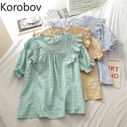 Korobov New Sweet Plaid Women Shirts Korean O Neck Puff Sleeve Chic Shirts Preppy Style Ruffles Casual Blusas Mujer 210430