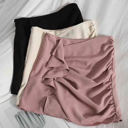 Layers of folds irregular ruffled skirt for womens Elegant small slit hip vintage Korean style summer high waist 210420