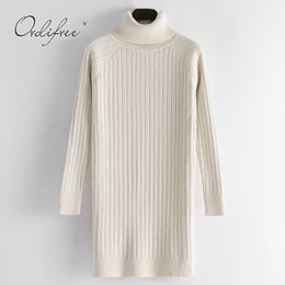 Women Turtleneck Knitted Autumn Winter Streetwear Casual Warm Thick White Female Sweater Dress 210415