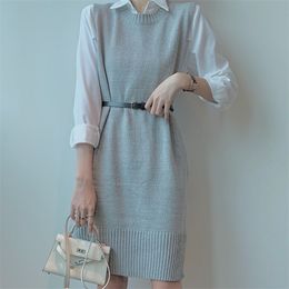 Autumn Winter long Knitted Women Sweaters vest Pullover Sleeveless Warm Casual Solid Dresses Vestido with belt 210519