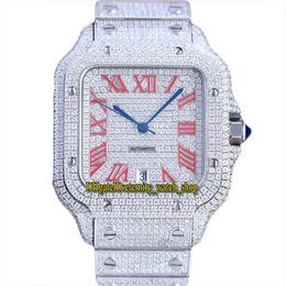 2022 TWF HH0008 Paved Diamonds ETA A2824 Automatic Mens Watch Fully Iced Out Diamond Red Roman Dial 316L Stainless Steel Bracelet Jewellery Super eternity Watches